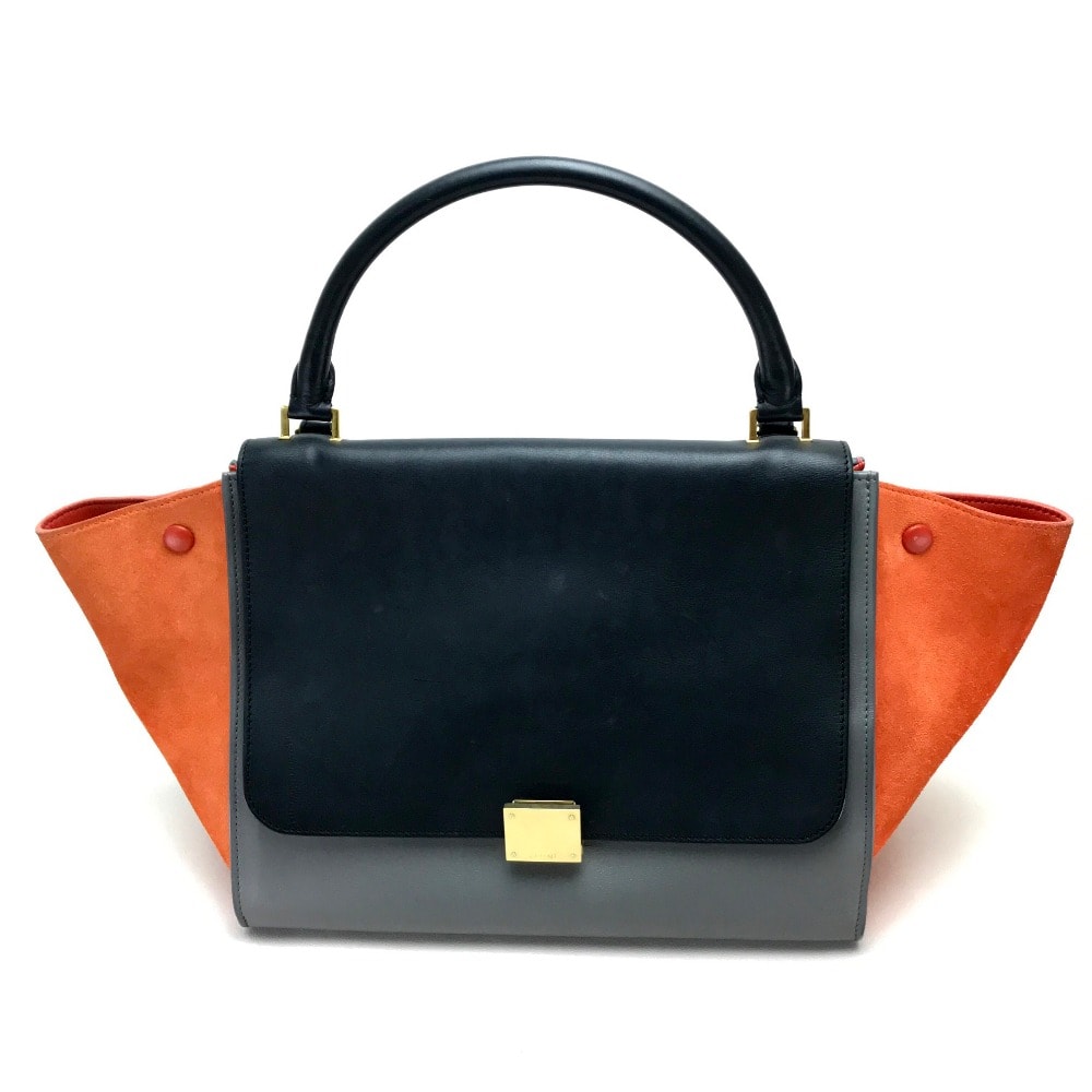 セリーヌ CELINE 2WAYハンドバッグ カバン トラペーズ ショルダーバッグ スエード/レザー ブラック グレー×ブラック×オレンジ