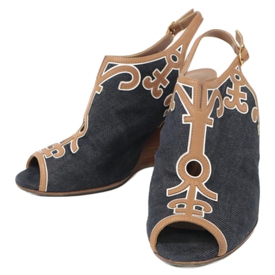 エルメス デニムxレザー ヒールサンダル/ 36