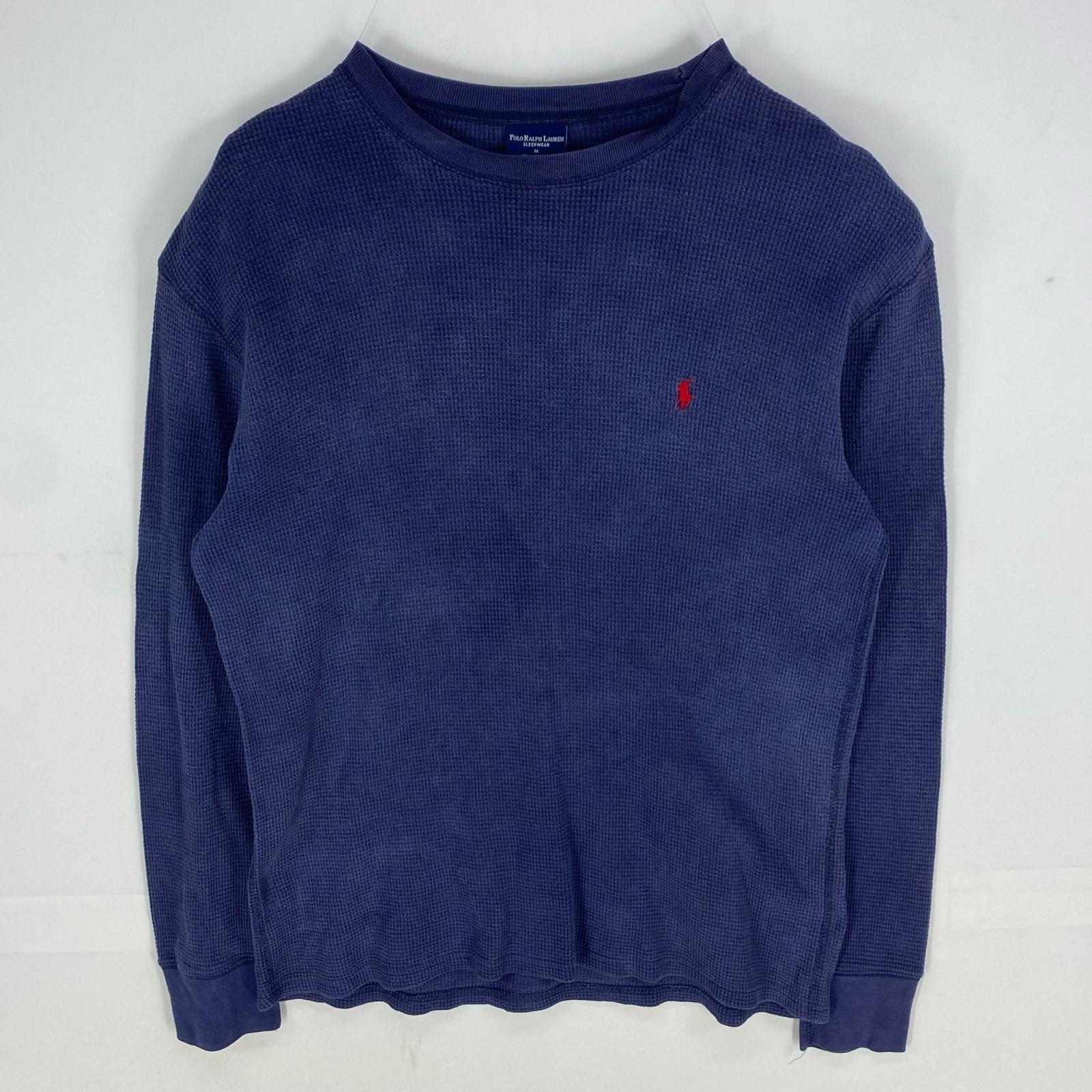 古着 ポロ・ラルフローレン POLO RALPH LAUREN 長袖Tシャツ サーマル ワンポイント 刺繍ロゴ クルーネック M ネイビー系 メンズ