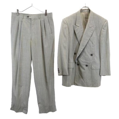 LANVIN ランバン ウール チェック柄 スーツ 上下セットアップ R48-45 グレー ダブルボタン ジャケット ロングパンツ