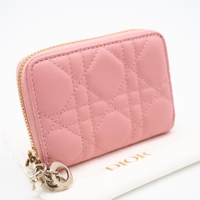 極美品 Christian Dior クリスチャンディオール カナージュ ラムスキン Lady Dior Scarlet ウォレット S6035ONMJ コインケース ピンク ラムスキン レディース