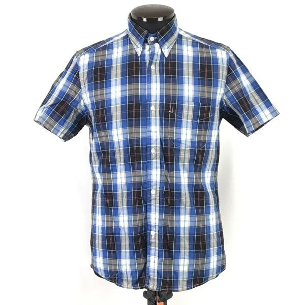 美品★ビームス/BEAMS★半袖ボタンダウンシャツ【メンズS/ブルー×ブラック×ホワイト/チェック柄】Tops/Shirts◆SBH848