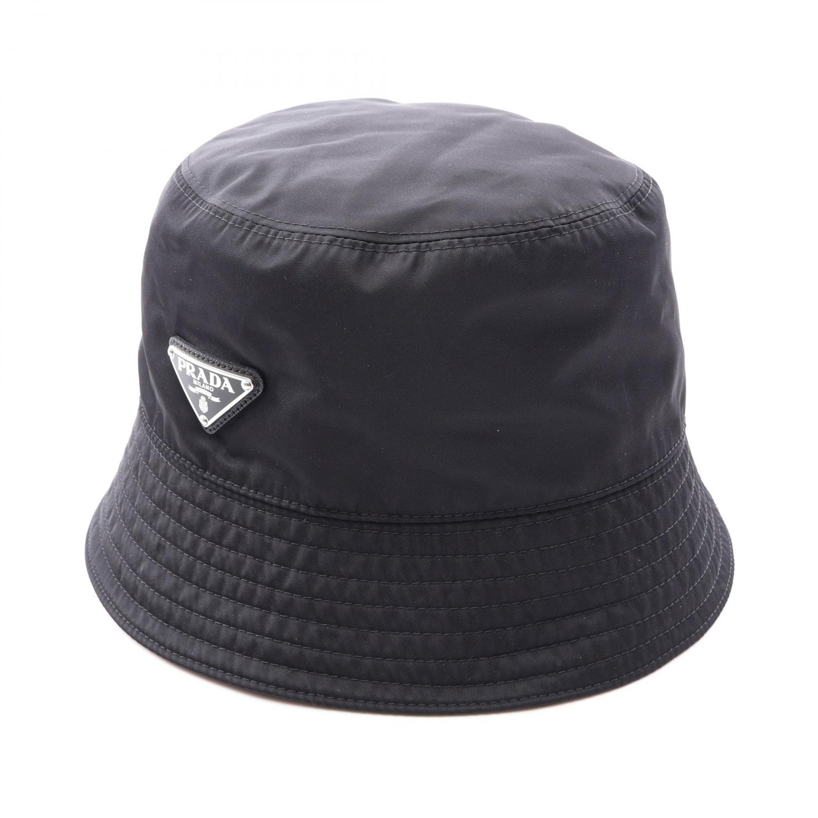 プラダ PRADA Re-Nylon 三角プレート バケット ハット 帽子 ナイロン メンズ レディース ブラック系 2HC137 【中古】