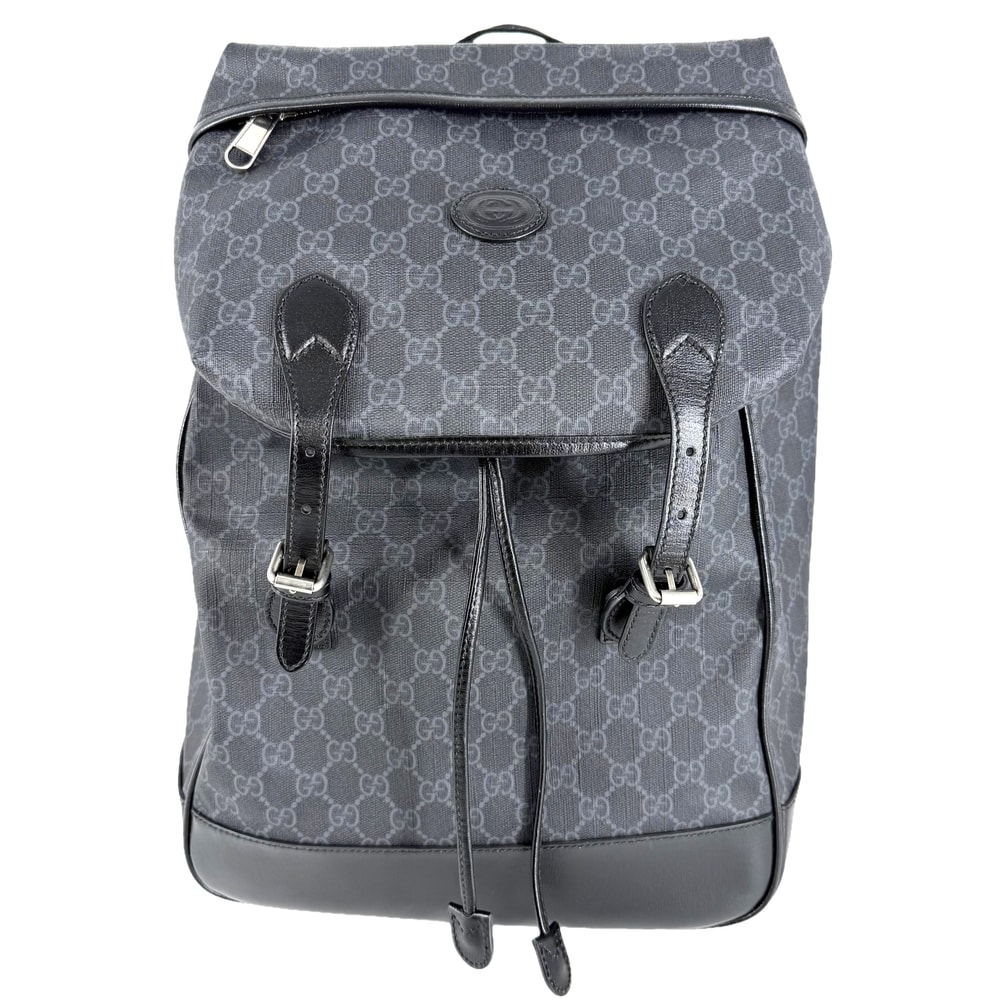 GUCCI グッチ リュック インターロッキングG ミディアムバックパック 696013 GGスプリームキャンバス レザー グレー ブラック 黒 シルバー金具 メンズ【中古品】