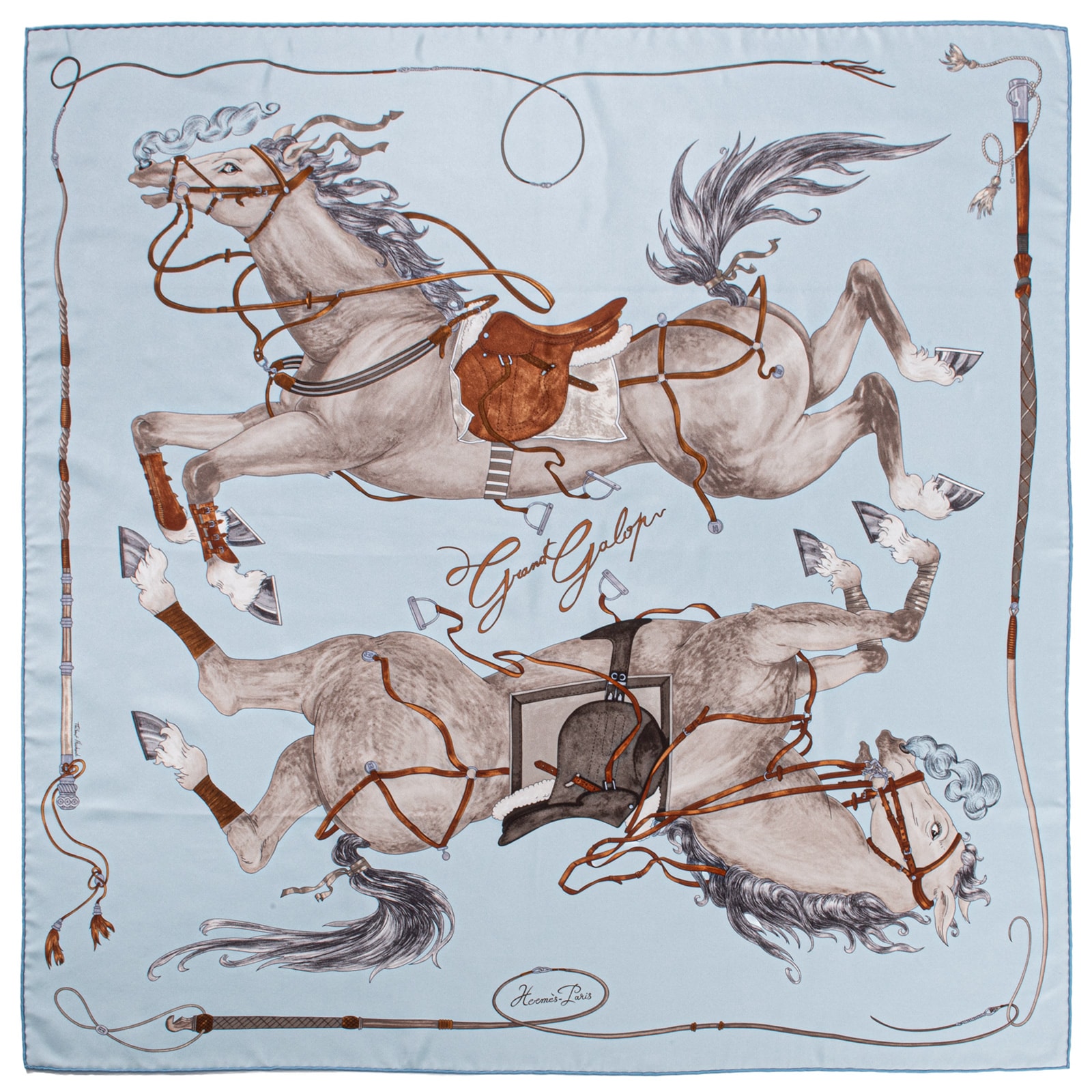 HERMES エルメス カレ90 Grand Galop グラン ギャロップ スカーフ 004311S 05 シルク ブルー グレー【中古】