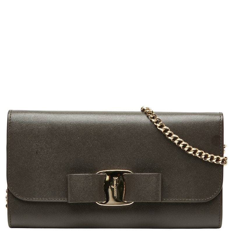 サルヴァトーレフェラガモ ヴァラリボン チェーン ショルダーウォレット 長財布 ブラウン レザー レディース Salvatore Ferragamo 中古