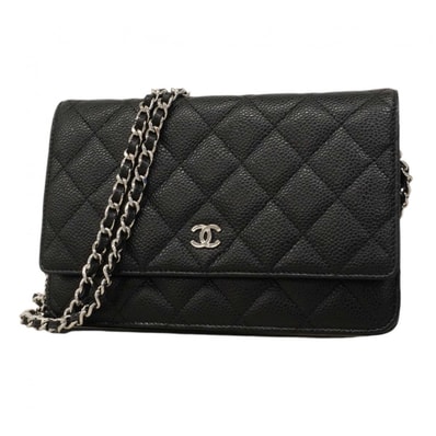 【6dc3975】シャネル ショルダーウォレット マトラッセ チェーンショルダー キャビアスキン ブラック シルバー金具【中古】レディース
