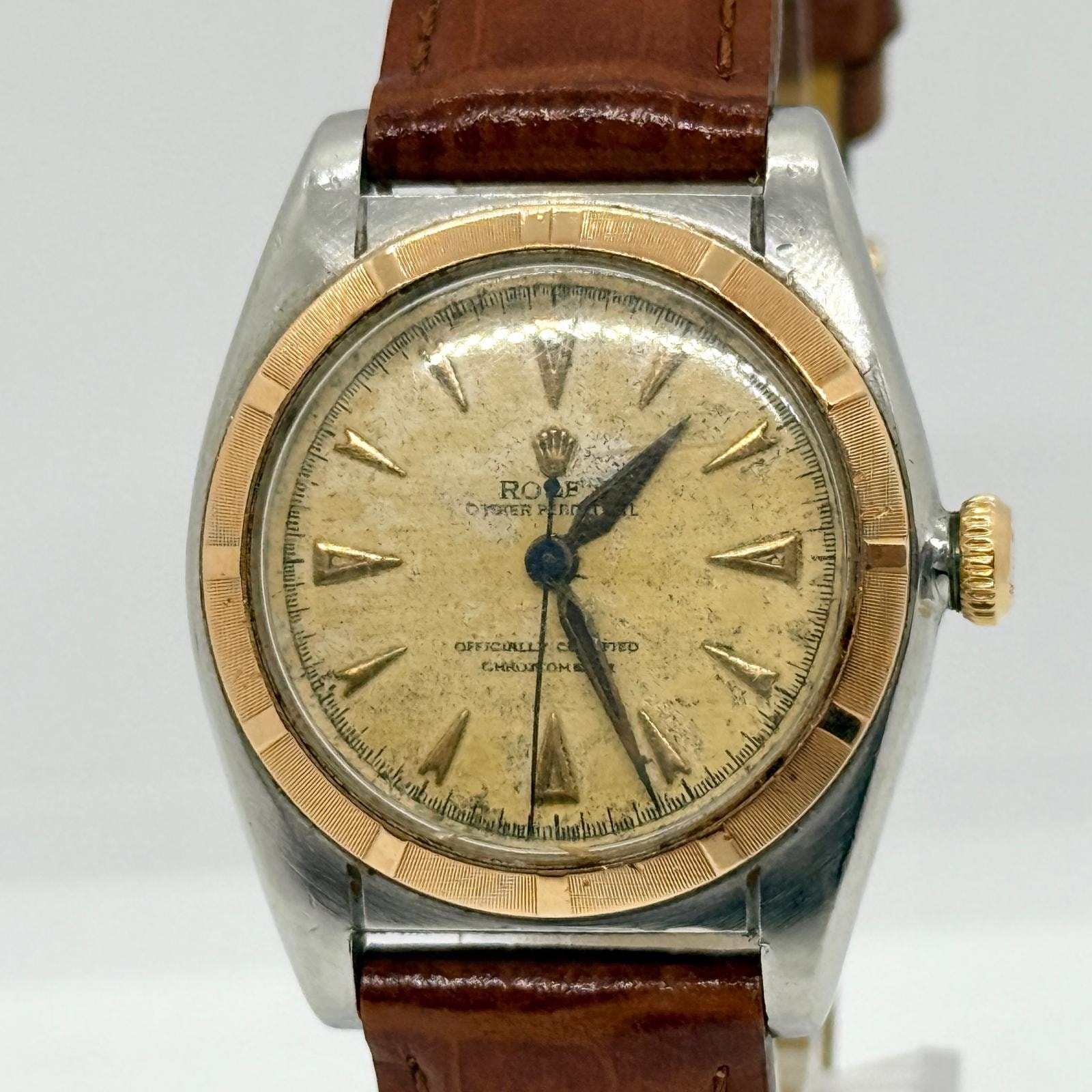 ROLEX ロレックス オイスターパーペチュアル 5015 SS/PG/革 AT ユニセックス バブルバック 腕時計 稼働品