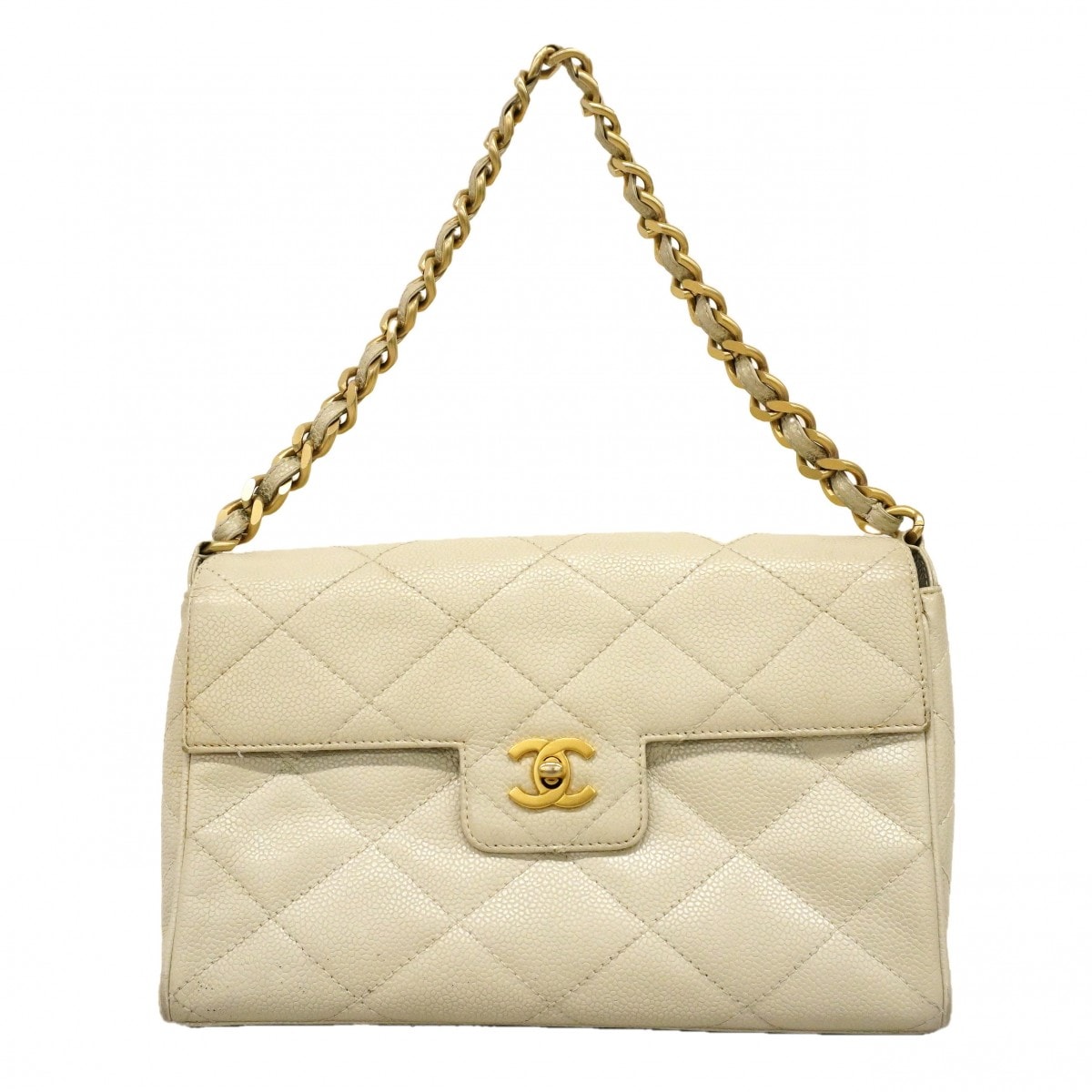 【6db1994】シャネル ショルダーバッグ マトラッセ キャビアスキン アイボリー ゴールド金具【中古】レディース