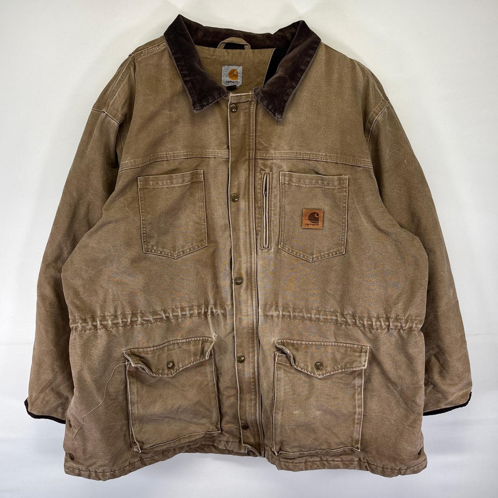 古着 カーハート Carhartt ダック ジャケット フルジップ ワークジャケットカバーオール ワンポイント ロゴ 4XL  ブラウン系 メンズ