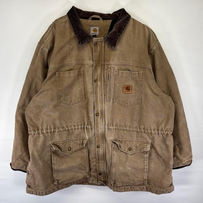 古着 カーハート Carhartt ダック ジャケット フルジップ ワークジャケットカバーオール ワンポイント ロゴ 4XL ブラウン系 メンズ