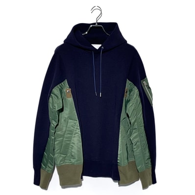 SACAI Sponge Sweat x Nylon Twill Hoodie NAVY×Olive