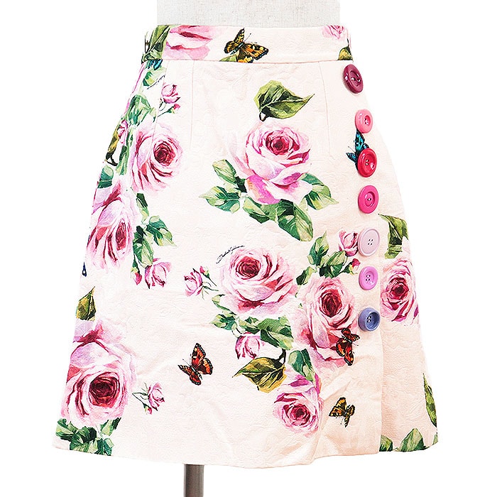 美品 ドルチェアンドガッバーナ アソートボタン ジャガード ローズ バタフライ スカート レディース ピンク 42 DOLCE&GABBANA