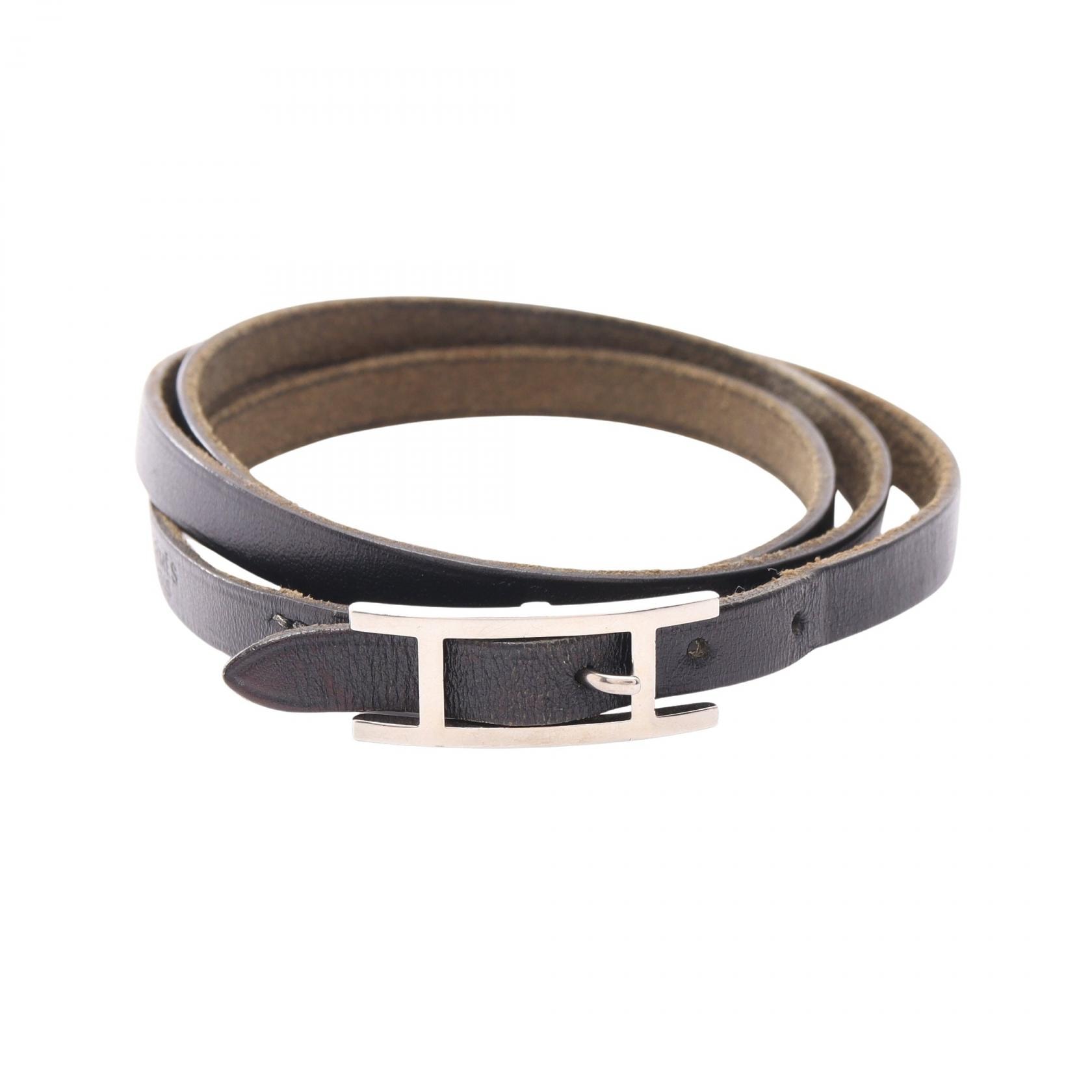 エルメス HERMES アピ3 ロング □D刻印 ブレスレット アクセサリー レザー メタル レディース ブラック系 【中古】