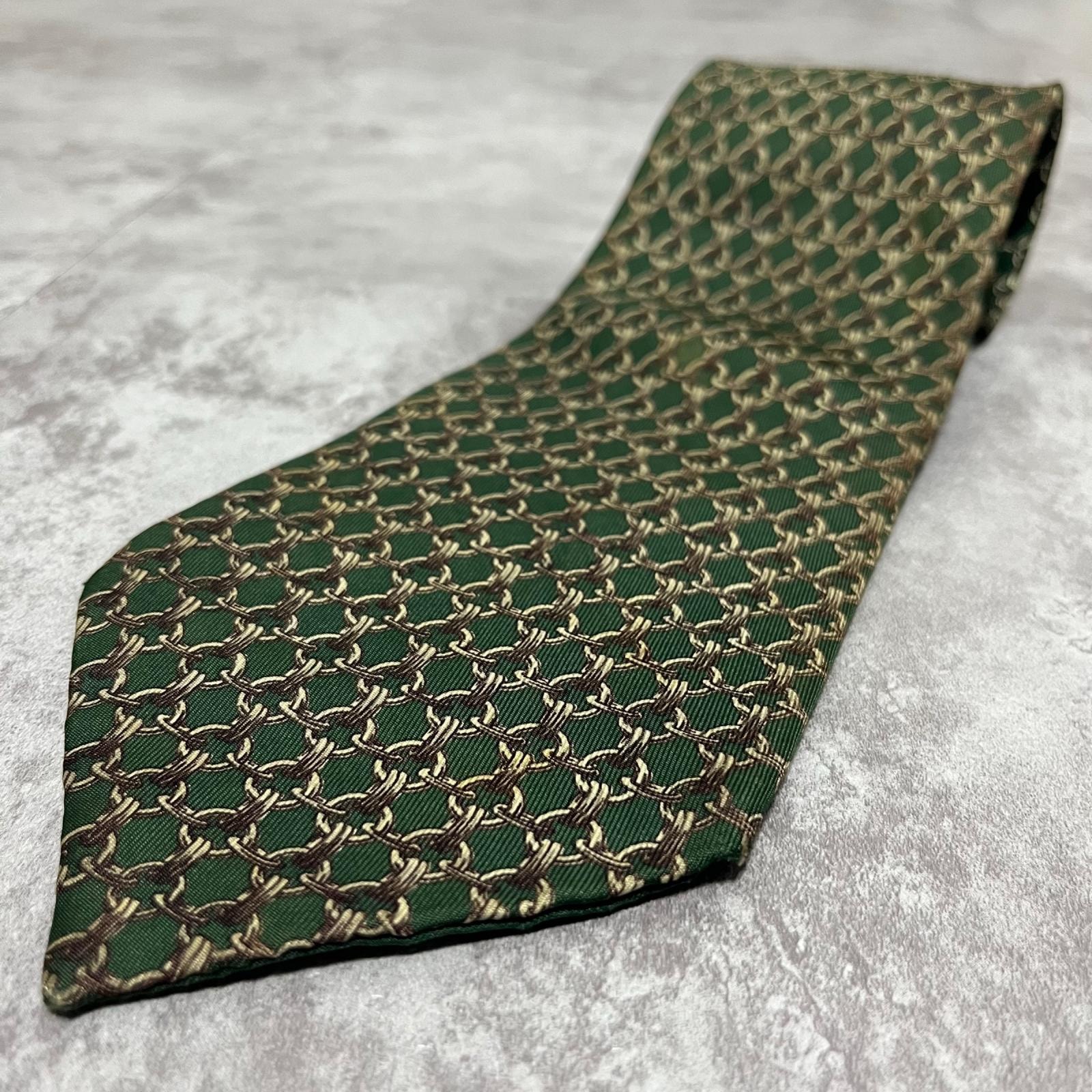 【HERMES】エルメス ネクタイ 馬具柄 ビット チェーン 総柄 グリーン ベージュ ブラウン フランス製 ヴィンテージ レギュラータイ メンズ