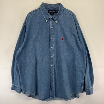 古着 ラルフローレン RALPH LAUREN 長袖シャツ ボタンダウン BLAKE ワンポイントロゴ 刺繍 大きいサイズ 2XL ブルー系 メンズ