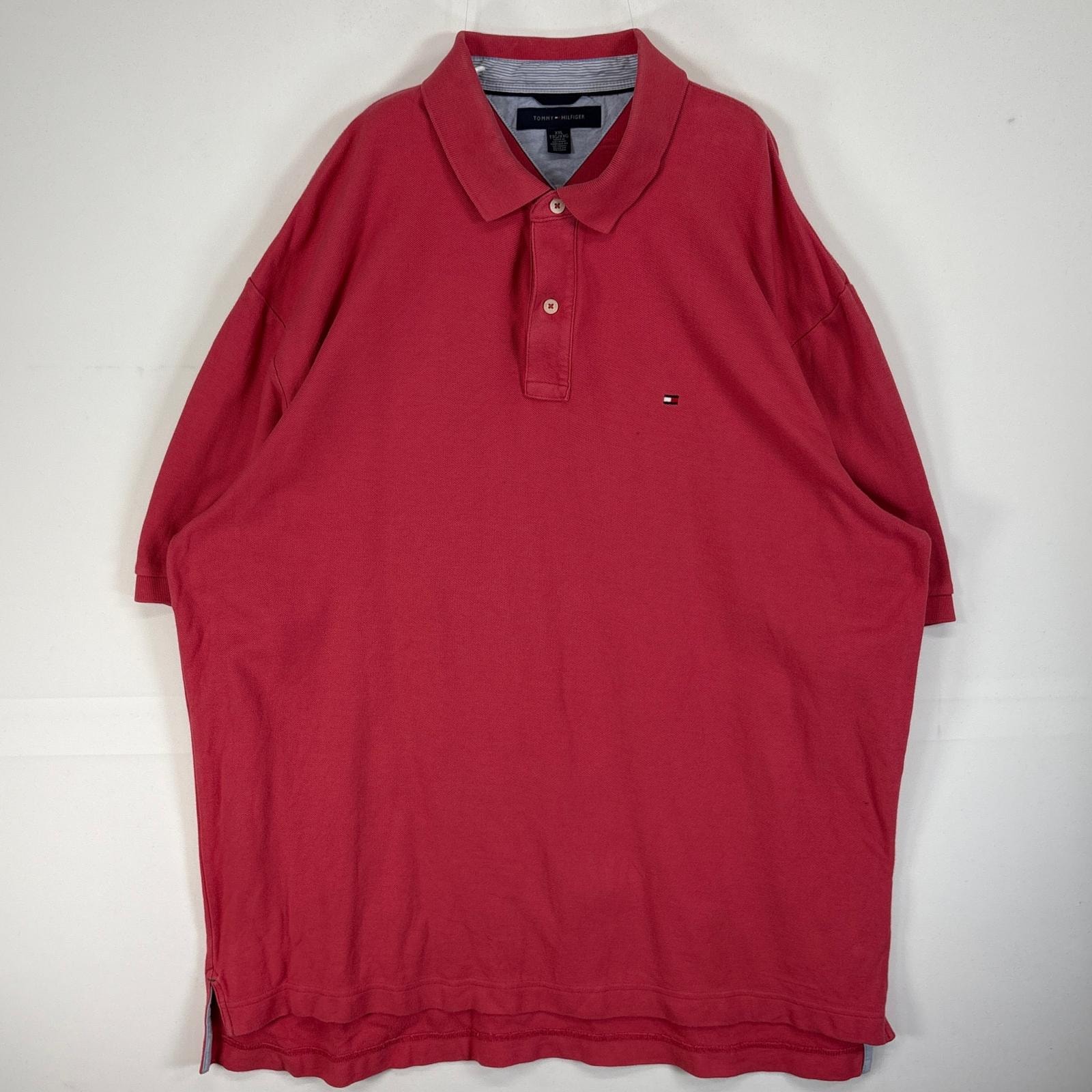 古着 トミーヒルフィガー TOMMY HILFIGER 鹿の子 半袖 ポロシャツ ロゴ 刺繍 大きいサイズ 肉厚 2ボタン 14041  ピンク系 無地 メンズ