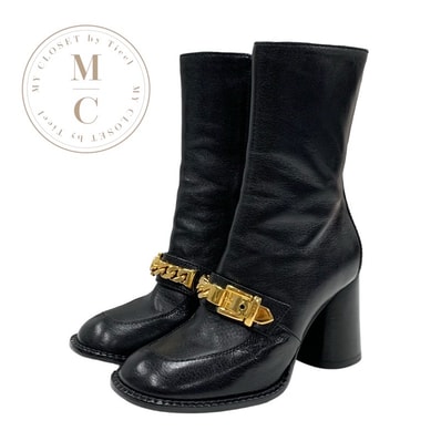 グッチ GUCCI ブーツ ショートブーツ 靴 シューズ レザー ブラック 黒 ゴールド チェーンベルト