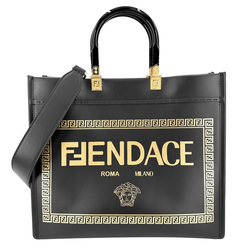 FENDI フェンディ 2WAY フェンダーチェ サンシャイン ミディアム ショルダーバッグ トートバッグ 肩掛け 斜め掛け ハンドバッグ ヴェルサーチコラボ レザー    ブラック 黒 ゴールド金具 レディース【中古品】