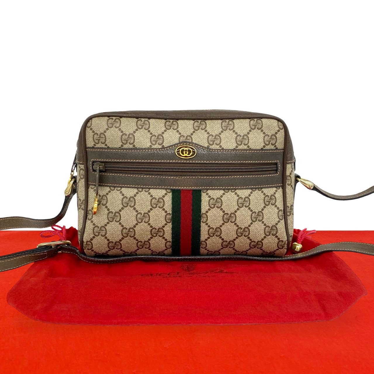 GUCCI グッチ シェリーライン GG ロゴ 金具 PVC レザー ショルダーバッグ ブラウン
 19400