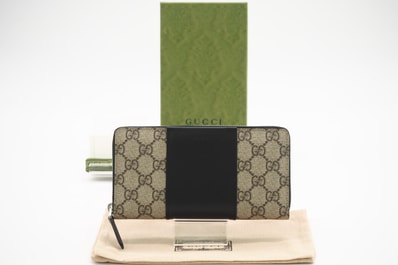 極美品 GUCCI グッチ GGスプリーム レザー ラウンドジップウォレット 779879 長財布 ベージュ ブラック レザー レディース