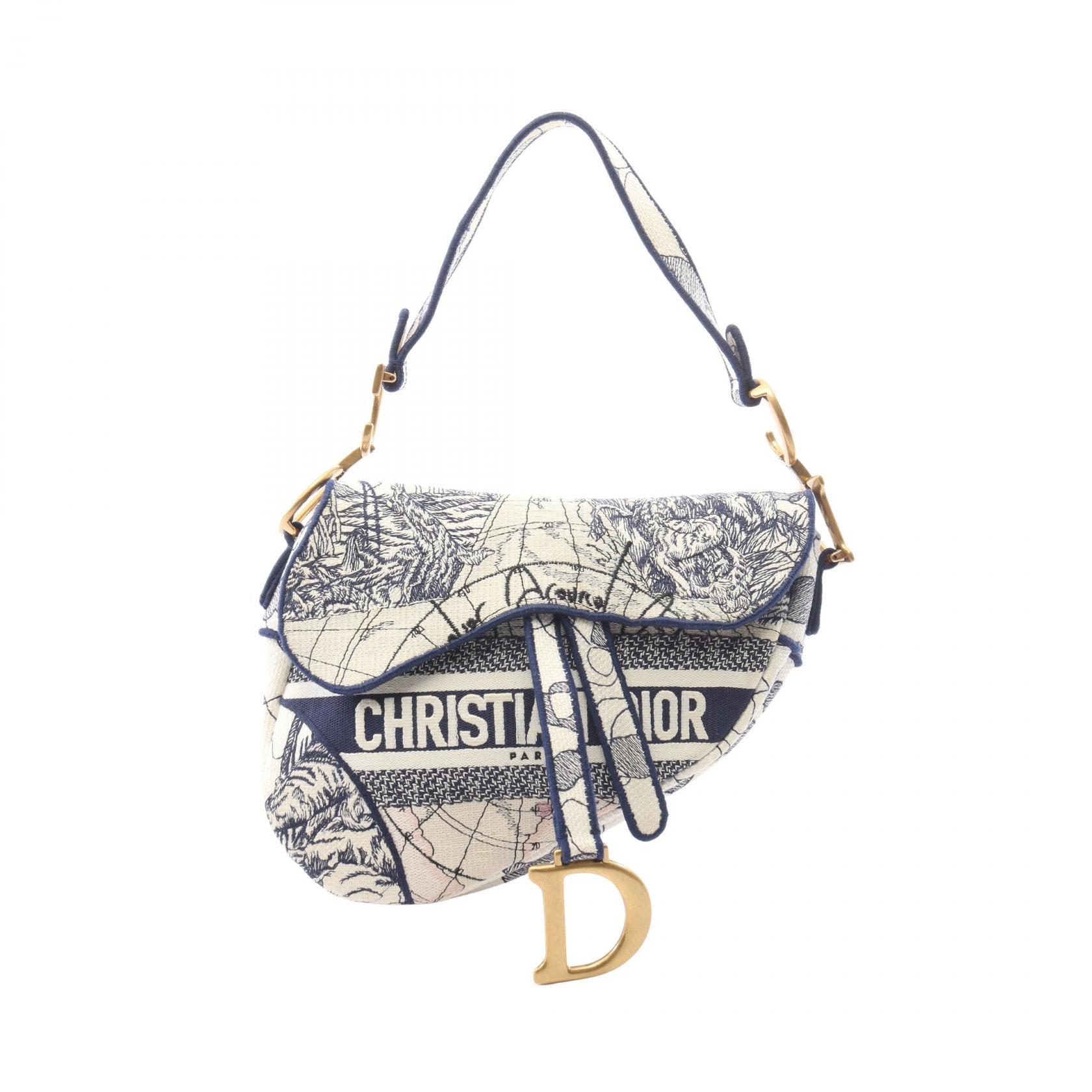 ディオール Dior サドルバッグ トワル ドゥ ジュイ ハンドバッグ バッグ キャンバス レディース アイボリー系 / ネイビー系 【中古】