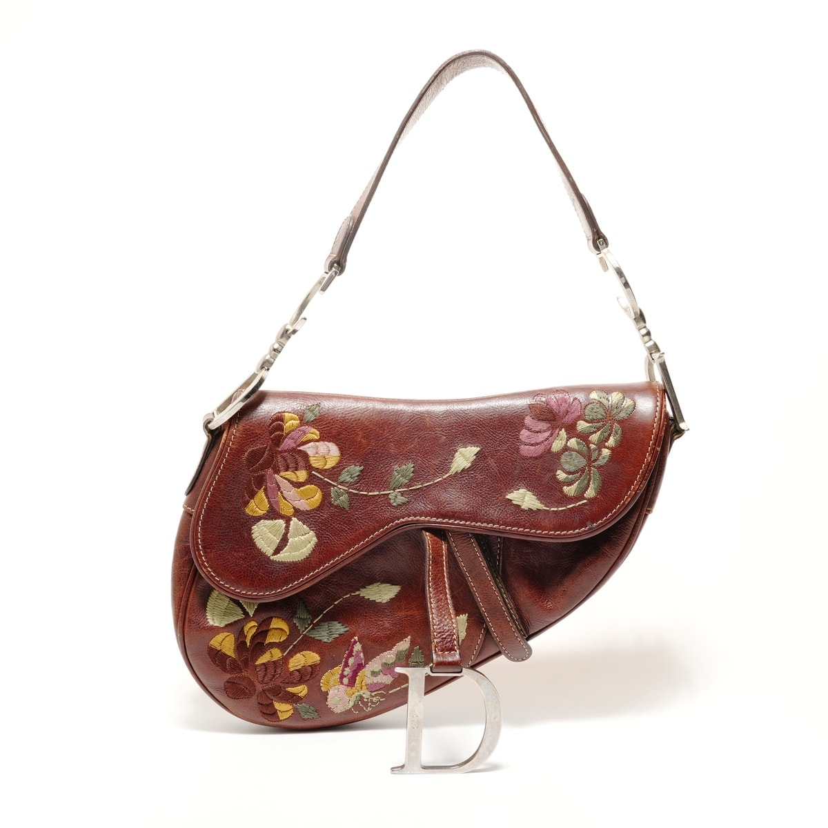 ディオール Dior サドル レザー 刺繍 花柄 ショルダーバッグ【中古】