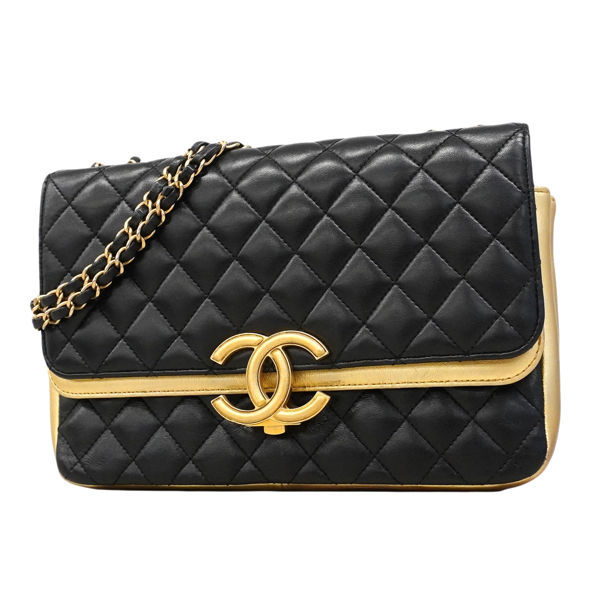 ★SALE【6fa0400-k】シャネル ショルダーバッグ マトラッセ Wチェーン ラムスキン ブラック ゴールド ゴールド金具【中古】レディース