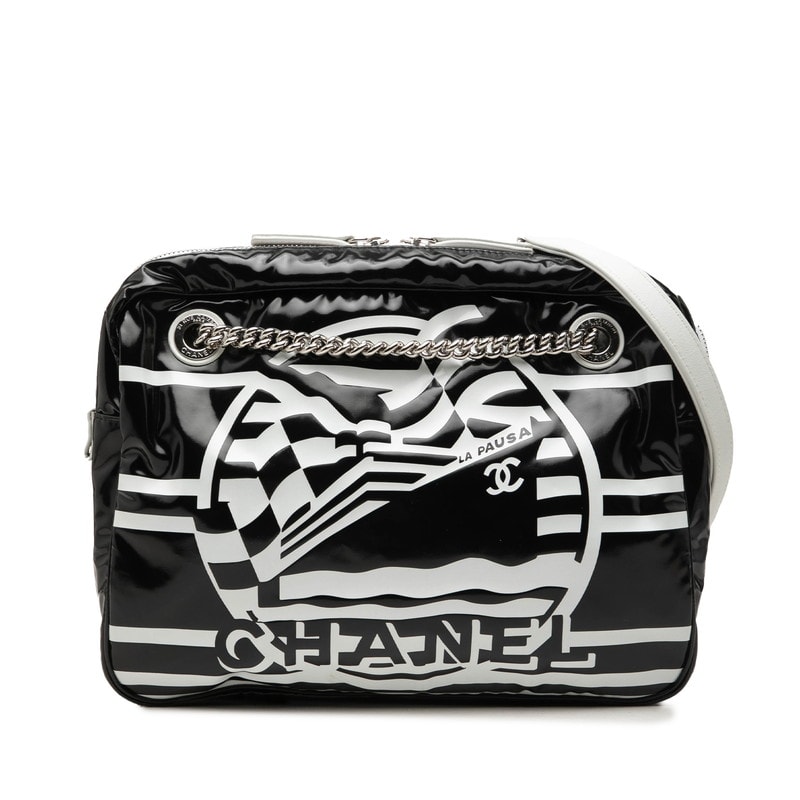 シャネル LA PAUSA チェーン ショルダーバッグ ロゴ ブラック ホワイト PVC レザー レディース CHANEL 中古
