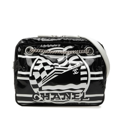 シャネル LA PAUSA チェーン ショルダーバッグ ロゴ ブラック ホワイト PVC レザー レディース CHANEL 中古