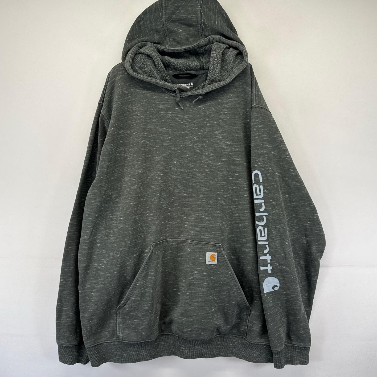 古着 カーハート Carhartt パーカー プルオーバー スウェット 袖ロゴ フーディー 大きいサイズ 2XL  グレー系 メンズ