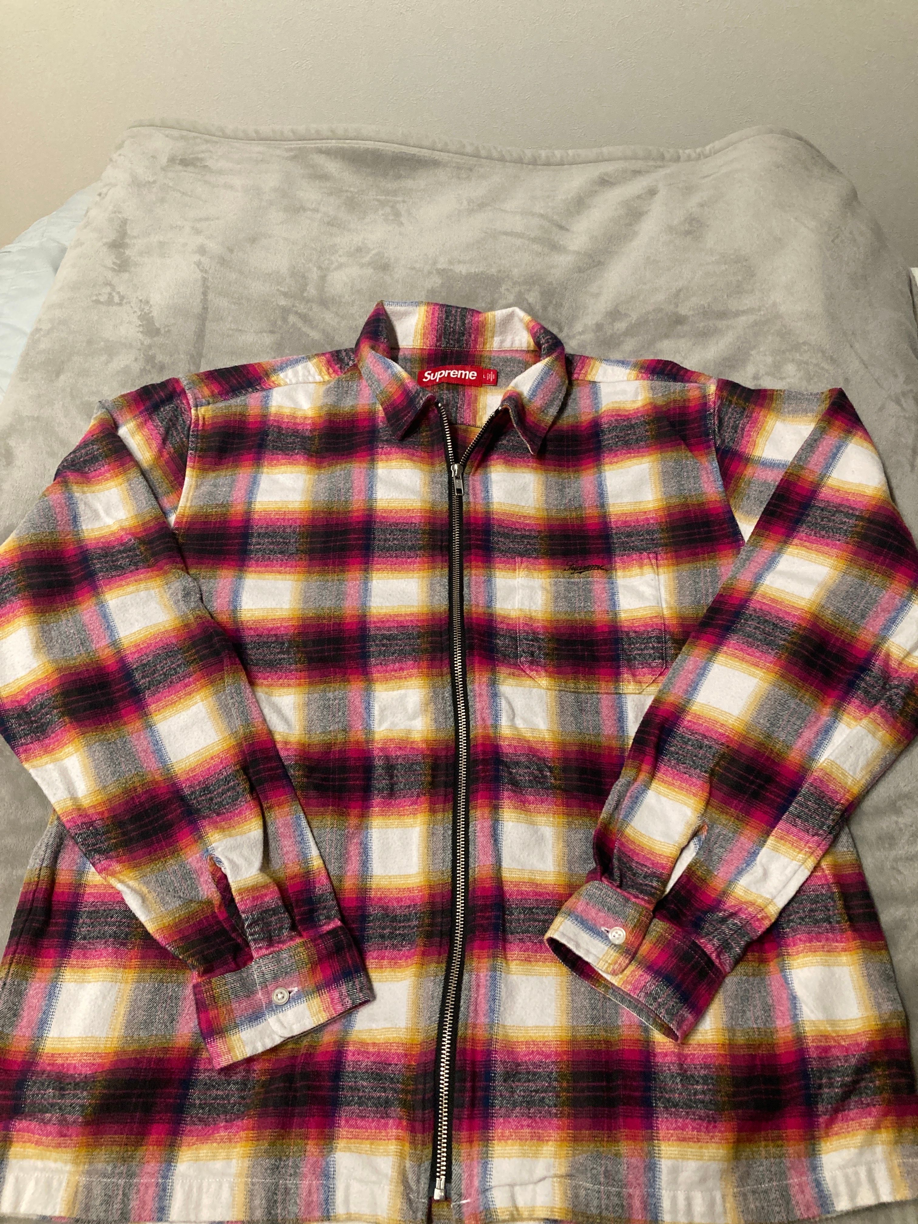 Supreme Shadow Plaid Flannel Zip Up Shirt "White"