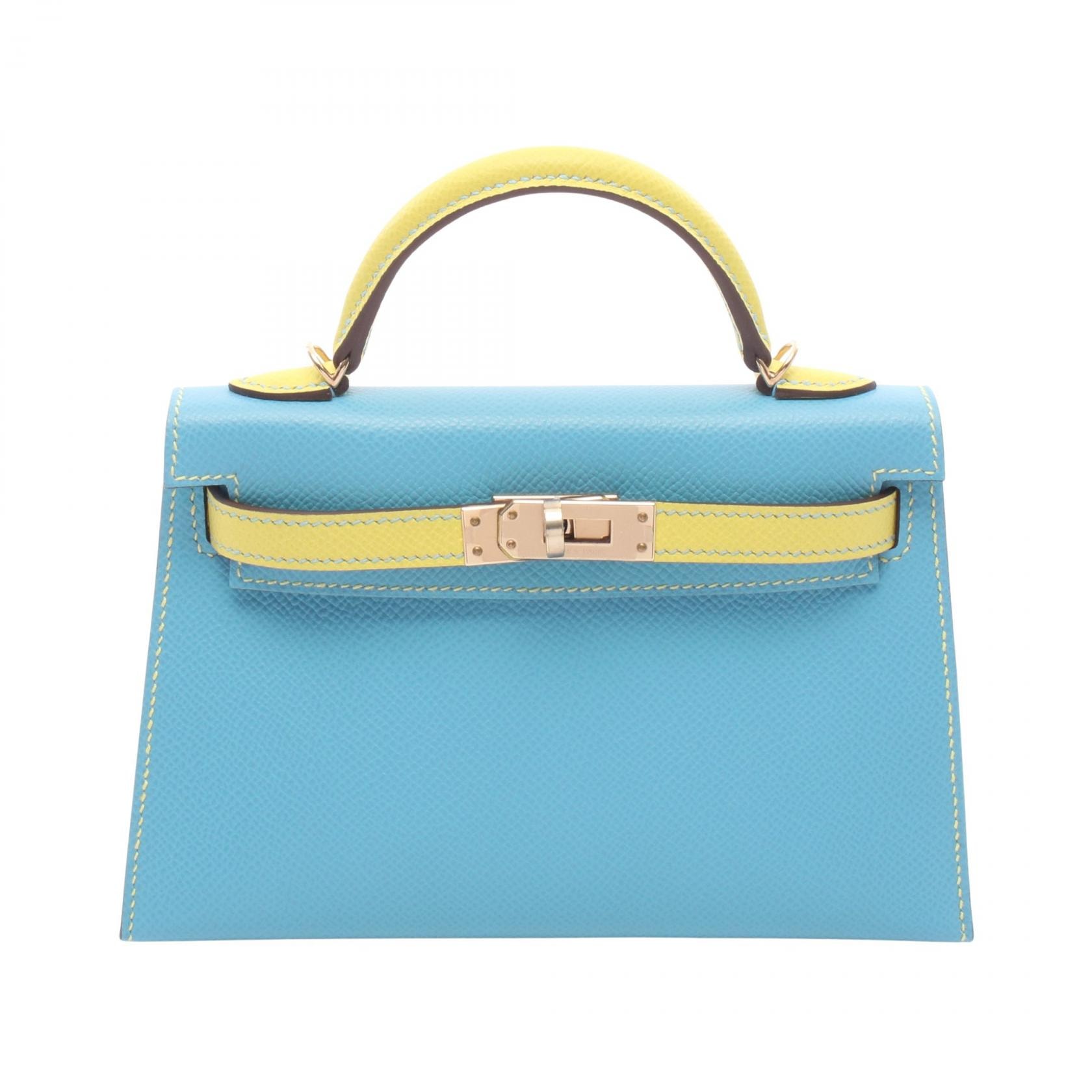 エルメス HERMES ミニケリー2 パーソナルオーダー 2WAY ハンドバッグ バッグ レザー カーフ(牛革) ヴォーエプソン ヴォーエプソン ブルーアズテック B刻印(2023年製造) レディース ブルー系 / イエロー系