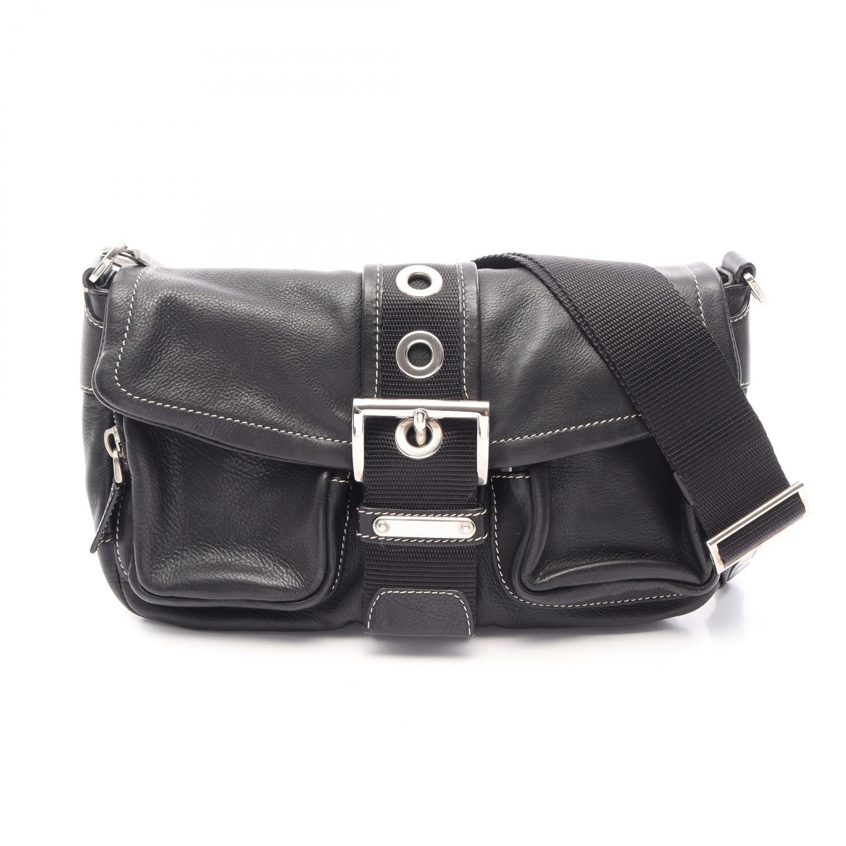 プラダ PRADA CALF POCKET ショルダーバッグ バッグ レザー レディース ブラック系 【中古】