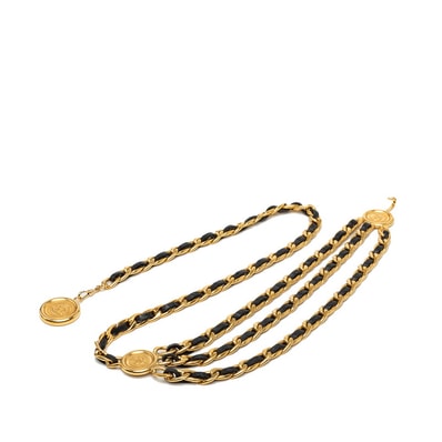 シャネル ココマーク 31 RUE CAMBON PARIS 3連 チェーンベルト ゴールド ブラック メッキ レザー レディース CHANEL 中古