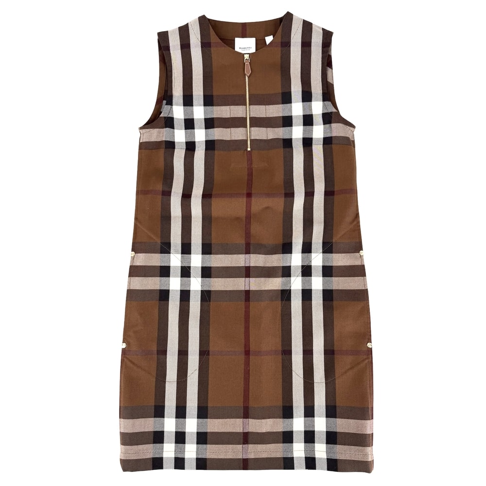 BURBERRY バーバリー ワンピース チェック ノースリーブ ハーフジップ アパレル 服 36 8058661 ブラウン 茶 ゴールド金具 ウール  コットン   レディース 春 夏 秋 美品【中古品】