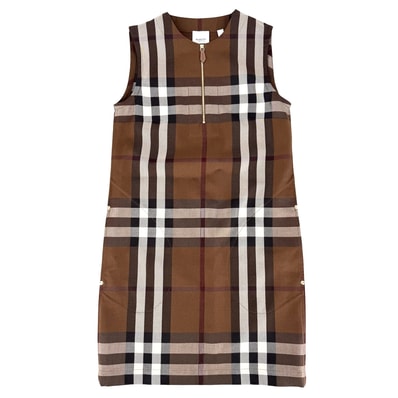 BURBERRY バーバリー ワンピース チェック ノースリーブ ハーフジップ アパレル 服 36 8058661 ブラウン 茶 ゴールド金具 ウール コットン レディース 春 夏 秋 美品【中古品】