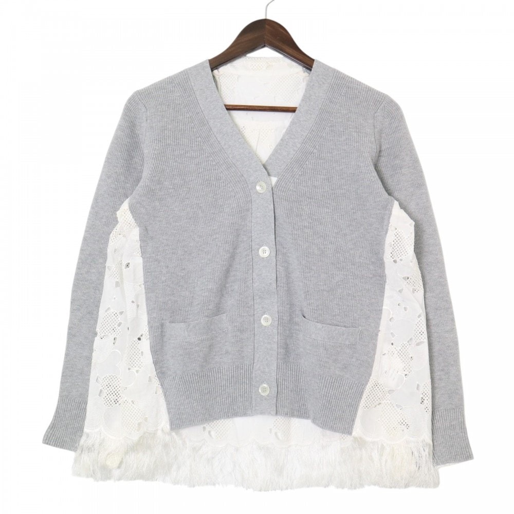 Sacai サカイ カーディガン レース 異素材ドッキング ニット アパレル 服 グレー ホワイト 白 コットン ユニセックス 春 秋 美品【中古品】