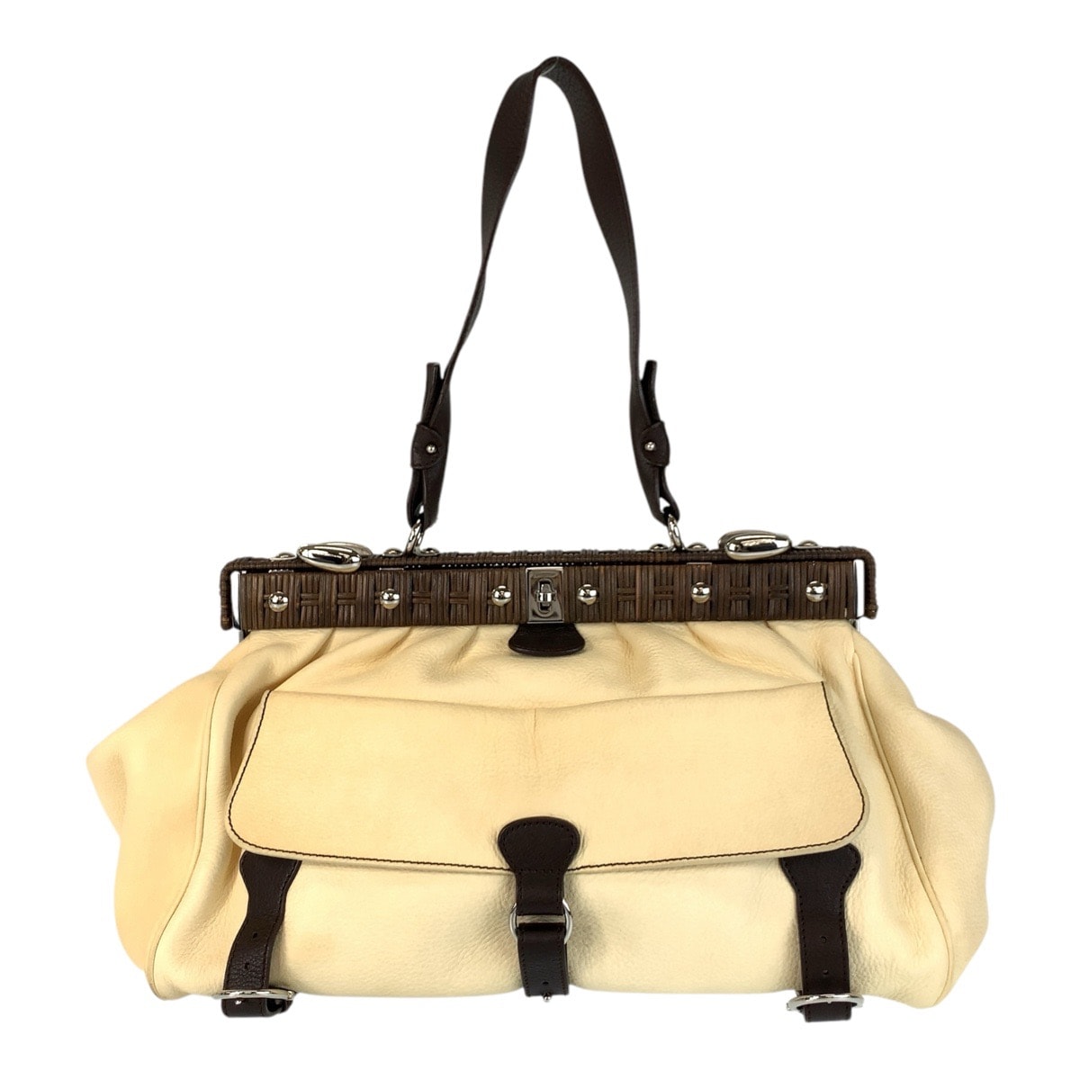 Salvatore Ferragamo サルヴァトーレフェラガモ ベージュ アイボリー シルバー金具 レザー ショルダーバッグ ハンドバッグ 603926 【中古】