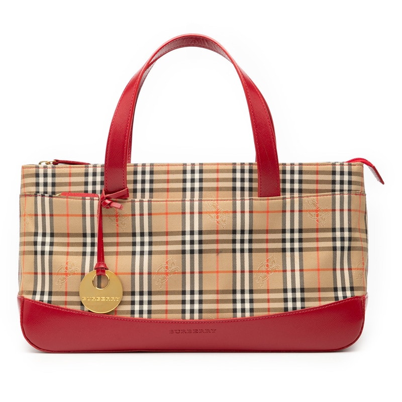 バーバリー ノバチェック ハンドバッグ ベージュ レッド キャンバス レザー レディース BURBERRY 【中古】