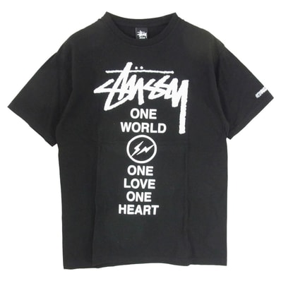 STUSSY ステューシー Tシャツ × fragment フラグメント 2011復興支援チャリティー ONE WORLD ONE LOVE ONE HEART Tシャツ 半袖 カットソー ブラック系 L【美品】【中古】