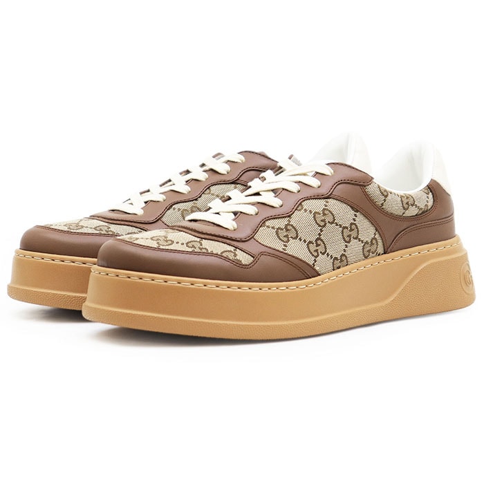 新品同様 グッチ GGキャンバス モノグラム コンビネーション  ローカット レースアップ スニーカー メンズ ブラウン ベージュ キャメル 9.5 GUCCI
