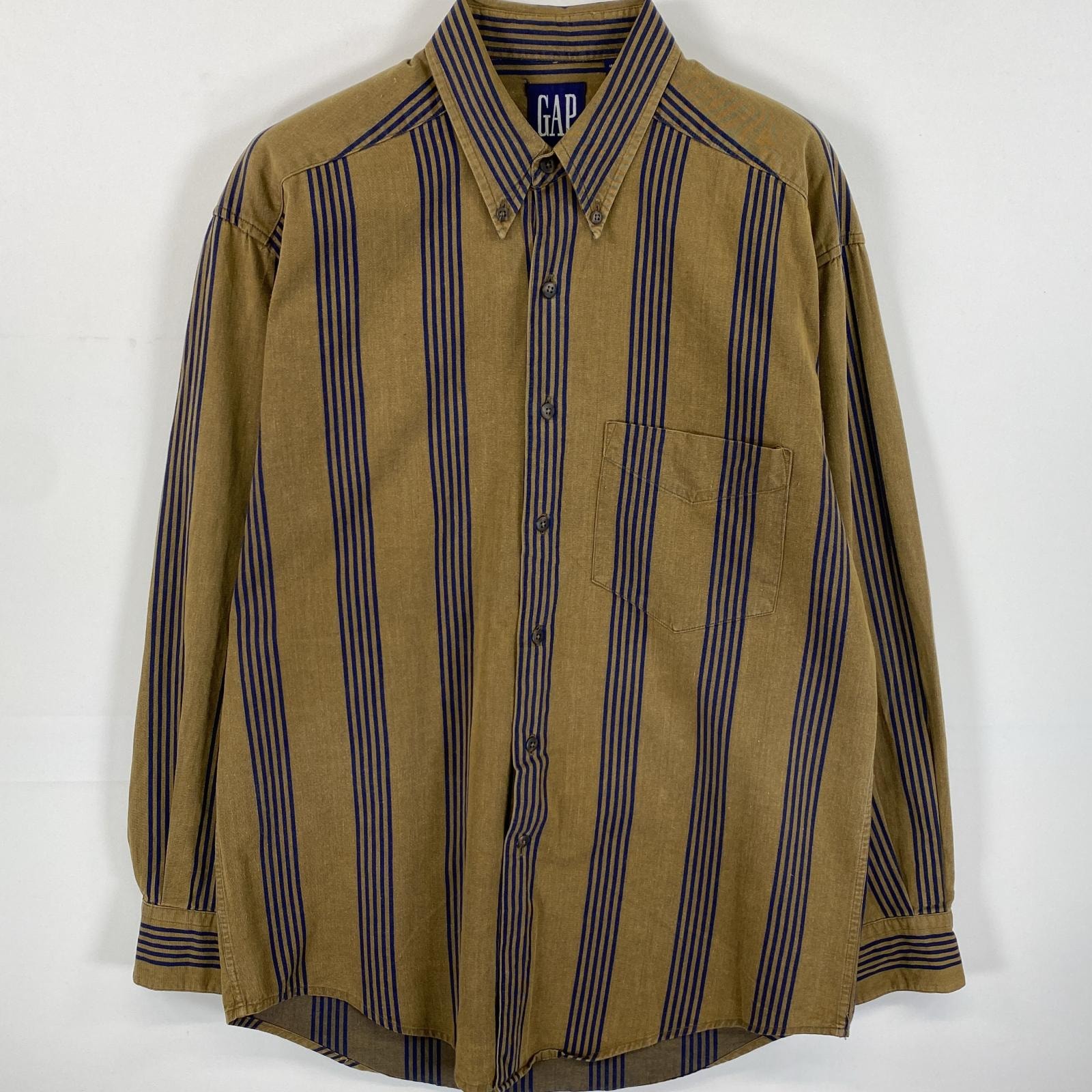 古着 90's/90年代 ギャップ GAP 長袖シャツ ボタンダウン 胸ポケット オールドギャップ S  カーキ系 ストライプ メンズ