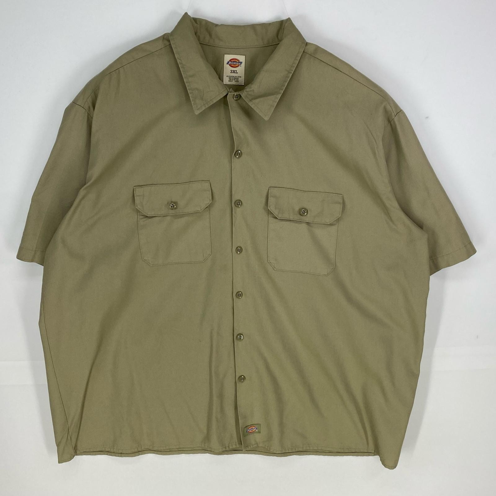 古着 ディッキーズ Dickies 半袖シャツ ワンポイントロゴ 胸ポケット 大きいサイズ ワーク 3XL ベージュ系 無地 メンズ