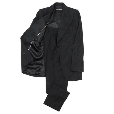【極美品】DOLCE&GABBANA ドルチェアンドガッバーナ セットアップ タキシード サイズ 40 レディース 花柄 レース コンビネーション ジャケット 1B スラックス ストレッチ 礼服 スーツ ブラック 黒 イタリア製