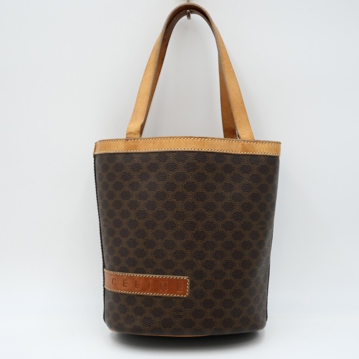 CELINE(セリーヌ)マカダム バケットバッグ ヴィンテージ トートバッグ ブラウン PVC レザー レディース MC00/2【中古】