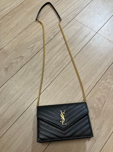 Saint Laurent Envelope Chain Wallet In Grain De Poudre Embossed Leather "Black"