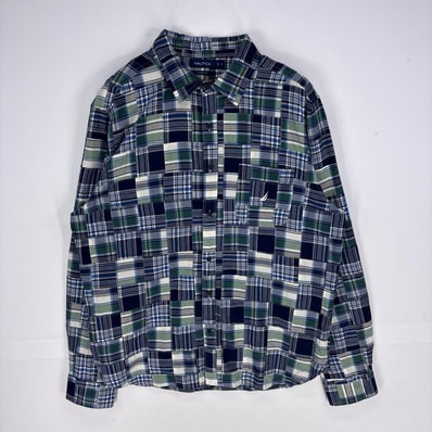 古着 ノーティカ NAUTICA 長袖シャツ パッチワーク 胸ポケット 刺繍ロゴ ワンポイント XL ネイビー系 チェック メンズ