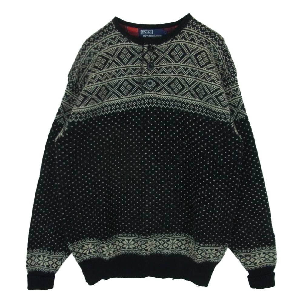 POLO RALPH LAUREN ポロ・ラルフローレン ノルディック ドット柄 ヘンリーネック ウール ニット 香港製 ブラック系 オフホワイト系 L【中古】
