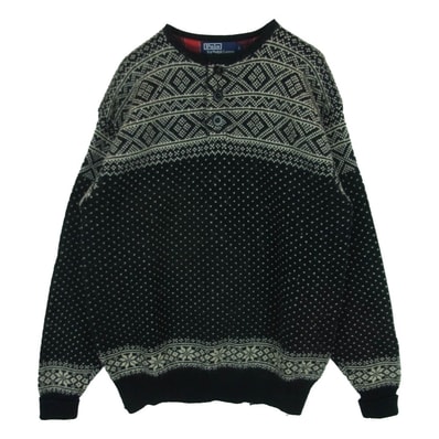 POLO RALPH LAUREN ポロ・ラルフローレン ノルディック ドット柄 ヘンリーネック ウール ニット 香港製 ブラック系 オフホワイト系 L【中古】